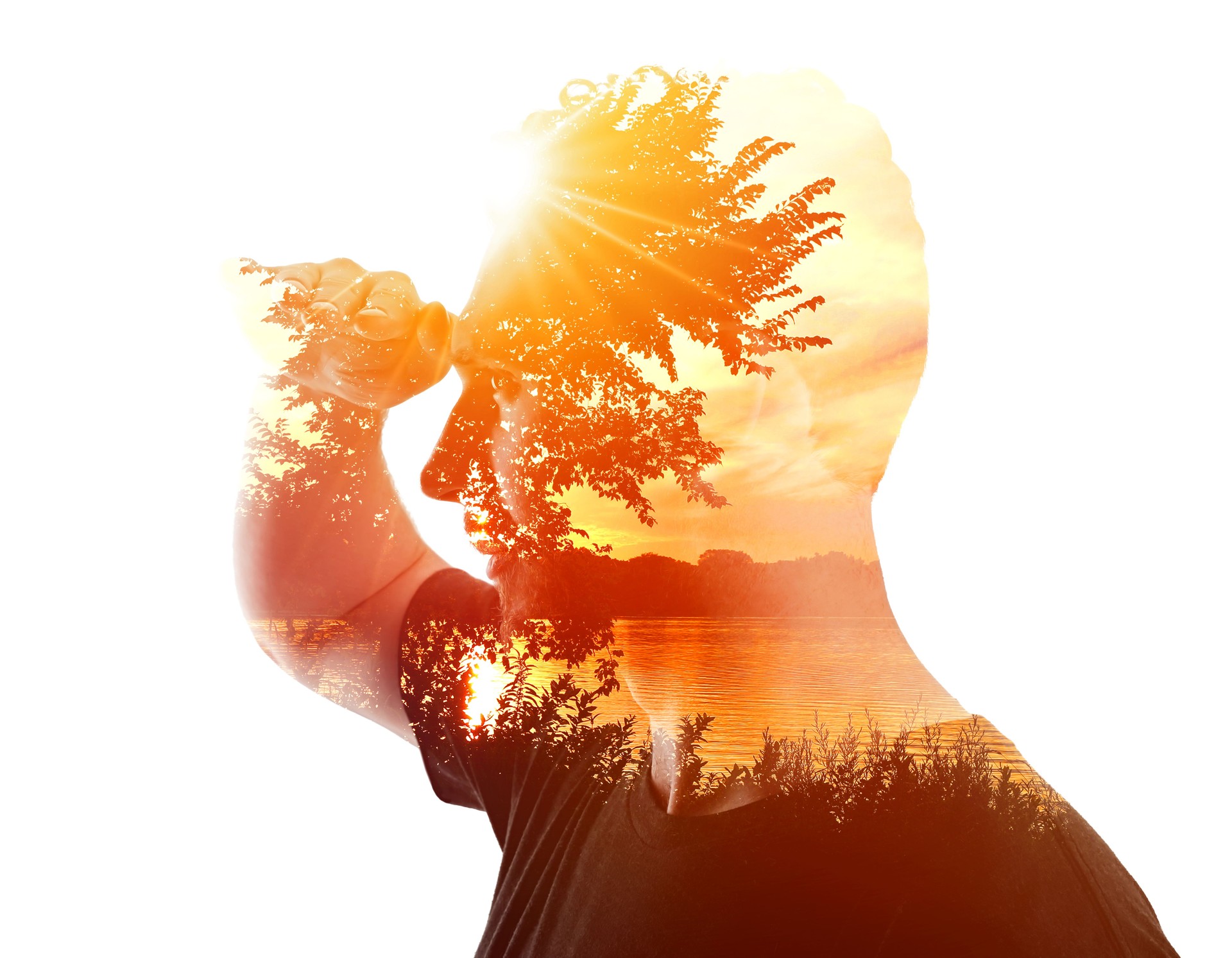 Multiple Exposure of young man and lake at sunset